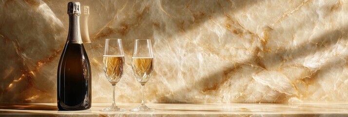 Poster - Premium champagne bottle with crystal flutes on a marble surface during daytime celebration. Generative AI