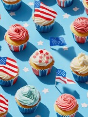 Poster - Colorful cupcakes decorated for festive celebrations featuring American flags on a vibrant blue background. Generative AI