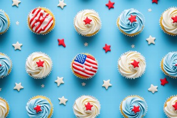 Aufkleber - Cupcakes adorned with American flags and decorations arranged on a blue background for a festive celebration. Generative AI