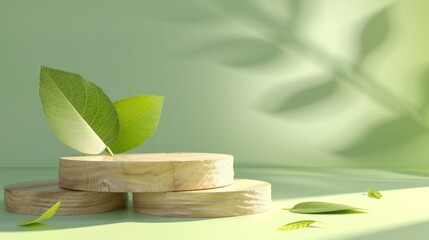 Wall Mural - Wooden podium with green leaves and soft light.