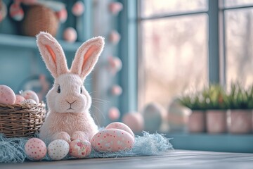 Wall Mural - Cute bunny surrounded by pastel Easter eggs in a cozy decor setting with soft light