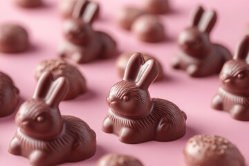 Poster - Chocolate bunnies arranged on a soft pink surface perfect for Easter celebrations or spring festivities