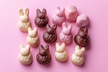 Poster - Colorful bunny-shaped candies arranged on a pink background for a festive occasion celebration