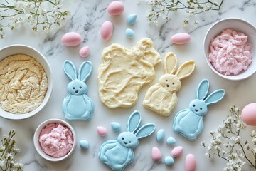 Aufkleber - Delightful pastel bunny and chick creations on a marbled surface for spring celebrations and festive occasions