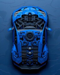 Wall Mural - Illustration of a vibrant blue electric car showcasing modern automotive technology and battery pack