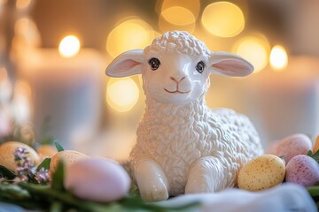 Aufkleber - White ceramic lamb surrounded by colorful eggs and candles during spring celebration