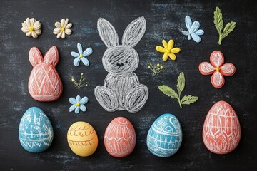 Poster - Colorful Easter eggs and chalk bunny art displayed on a blackboard with floral decorations for festive spring celebration