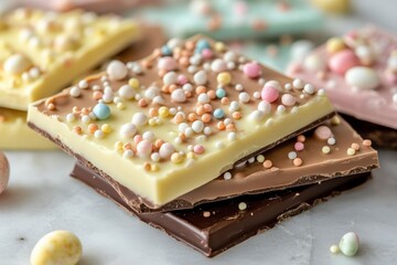 Poster - Colorful chocolate bars with sprinkled toppings arranged on a marble surface for festive occasions