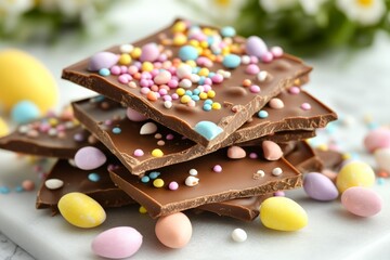 Aufkleber - Colorful chocolate bark with candy eggs and sprinkles displayed for Easter celebration
