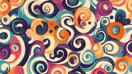 Poster - Retro inspired pattern showcasing colorful spirals and curved lines with a vibrant 70s color palette in a playful arrangement. Generative AI