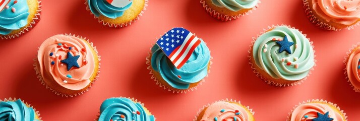 Aufkleber - Cupcakes decorated with American flags in colorful frosting ready for celebration and enjoyment at any festive gathering. Generative AI
