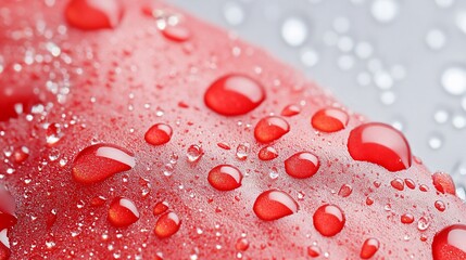Poster - Close-up of water droplets on a vibrant red surface.