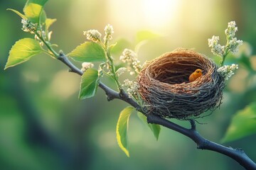 Wall Mural - Nest on a branch contains a small bird among blooming leaves during a sunny spring morning in the forest