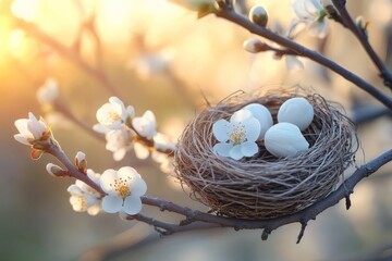 Poster - Nest with three eggs sits among white blossoms on a branch during golden hour in springtime