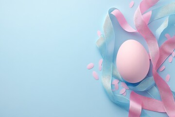 Poster - Colorful pastel decorations with a pink egg and ribbons on a blue background during spring festivities
