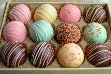 Aufkleber - Colorful assortment of hand-decorated chocolate truffles in elegant packaging displayed for sale