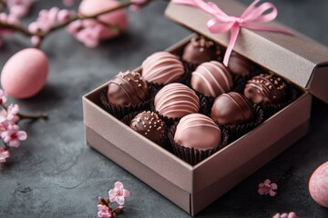 Aufkleber - Delicious assorted chocolates in a decorative box surrounded by pink blossoms and Easter eggs