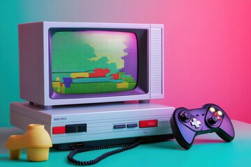 Leinwandbilder - Retro gaming console on display with colorful graphics and classic controller from the past. Generative AI
