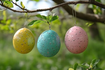 Colorful decorative eggs hang on a tree branch in a vibrant spring setting