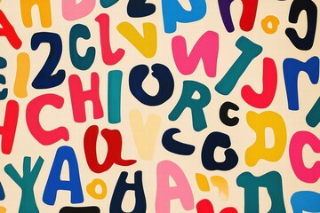 Wall Mural - Colorful stylized alphabet pattern filled with playful letter shapes and vibrant colors for design inspiration. Generative AI