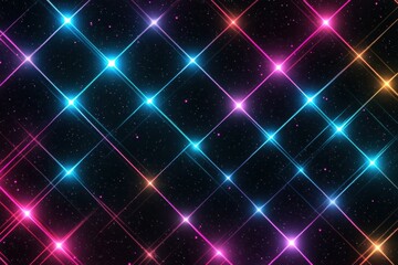 Poster - Vibrant retro 1990s grid pattern featuring neon colors and sparkling effects on a black background. Generative AI
