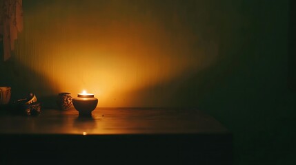 Wall Mural - Dark room with single candle flickering on wooden table during power outage, creating serene atmosphere with soft glow illuminating scattered items.