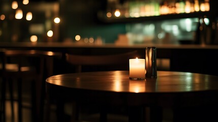 Wall Mural - Dark room with single candle flickering on wooden table during power outage, creating serene atmosphere with soft glow illuminating scattered items.