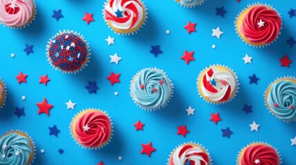 Poster - Colorful cupcakes decorated with American flags on a bright blue background for celebration events. Generative AI