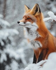Fototapete - A curious red fox observing its surroundings in a snowy woodland