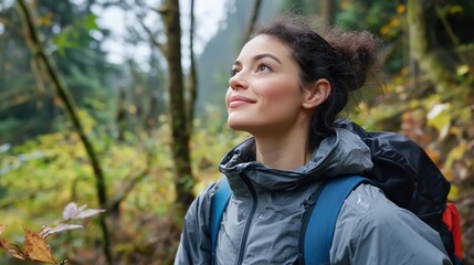 Wall Mural - A woman hiking in a rainy forest, wearing a grey waterproof jacket and a backpack, looking upward with a peaceful and content expression, surrounded by lush greenery and autumn colors.