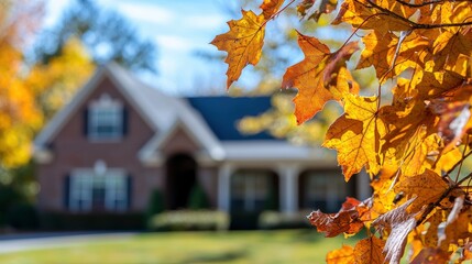 Poster - Autumn leaves frame a suburban home.