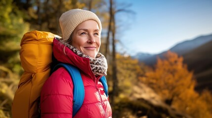 Wall Mural - A smiling woman hiking in the mountains during autumn, wearing a warm jacket, scarf, and beanie, carrying a backpack, surrounded by vibrant seasonal colors and scenic views.