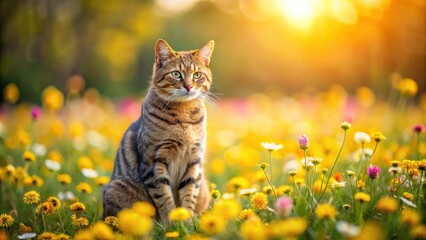 Wall Mural - Cat sitting in a flower field with selective focus, cat, flower, field, nature, pet, animal, cute, grass, outdoor, beautiful