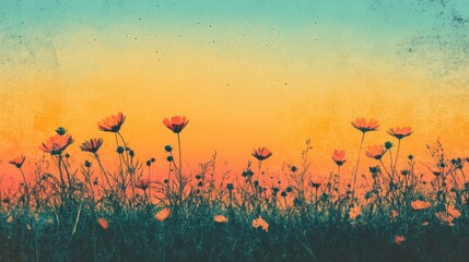 Poster - Vibrant sunset over a field of retro inspired blooming flowers in soft hues and warm colors. Generative AI