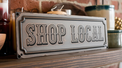 A rustic 'Shop Local' sign decorates a wooden shelf, surrounded by candles and decorative items, reflecting a warm and inviting atmosphere.