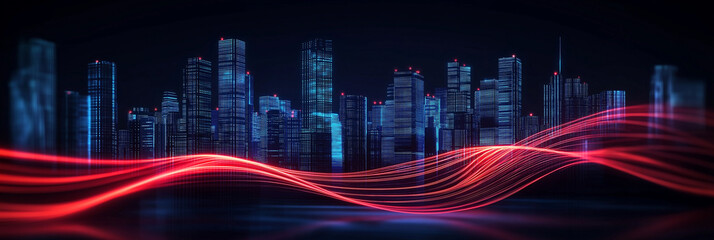 Poster - Illuminated skyline: red light trails flowing through futuristic cityscape