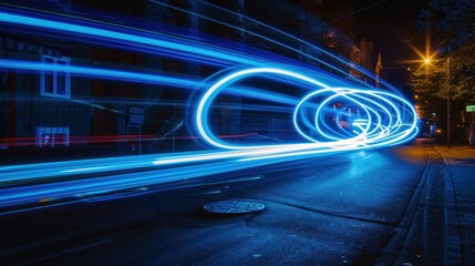 Poster - photograph of Blue neon glowing stripes abstract modern motion background telephoto lens summer daylight cool color