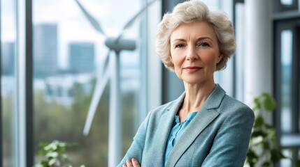 Wall Mural - portrait of a senior woman in a renewable energy corporate setting, blending eco-friendly themes wit