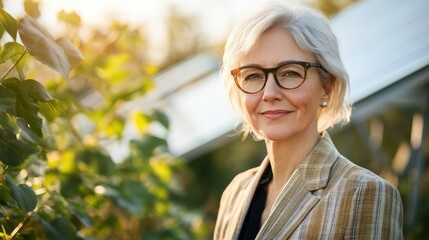 Wall Mural - portrait of a senior woman in a renewable energy corporate setting, blending eco-friendly themes wit