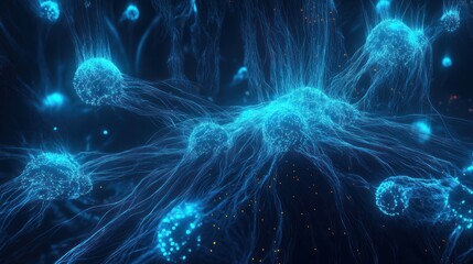 Poster - Sci-fi virtual network in electric blue with glowing nodes.
