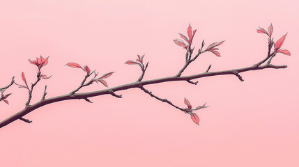 Blooming tree branch with pink leaves on pink background