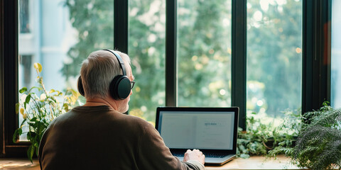 Aufkleber - Senior man working from home listening to music on headphones