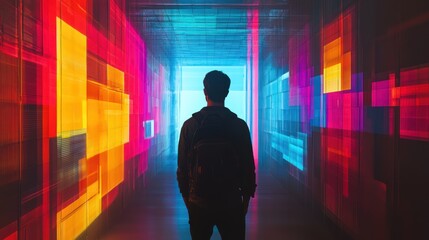 Poster - Young tech professional in a creative hallway, highlighting innovation and progress.