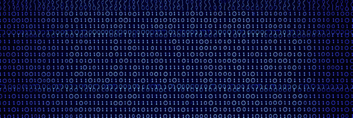 binary code stream flowing on dark blue background