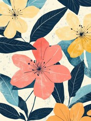 Poster - Bright floral pattern with retro risograph style featuring colorful blooms and lush leaves. Generative AI