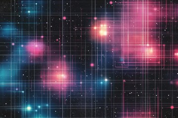 Poster - Retro 1990s grid pattern in vibrant neon colors against a dark cosmic background. Generative AI
