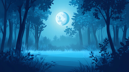 Blue moonlight casting an eerie glow on the forest, mystical ambiance, spooky ambiance, nighttime. Moonbeam. Illustration