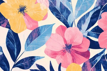 Aufkleber - Retro risograph inspired floral pattern with vibrant colors and abstract leaves. Generative AI