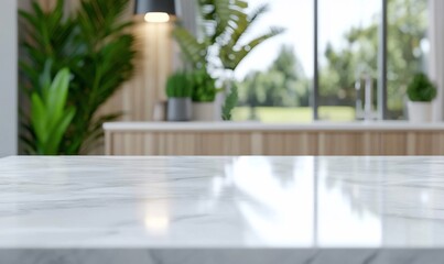 Poster - A modern kitchen interior with marble countertop and greenery.