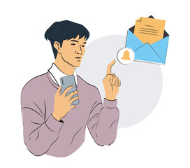 Poster - Man holding a smartphone and interacting with an email notification. Clean line art style, perfect for communication, tech, and productivity themes. Vector illustration on white background